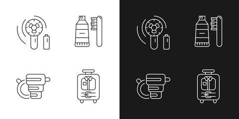 Things for travelling tourist suitcase linear icons set for dark and light mode. Compact fan. Customizable thin line symbols. Isolated vector outline illustrations. Editable stroke