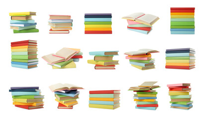 Set with different hardcover books on white background