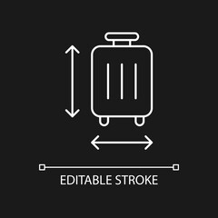 Baggage size white linear icon for dark theme. Measuring luggage for airport regulation. Thin line customizable illustration. Isolated vector contour symbol for night mode. Editable stroke
