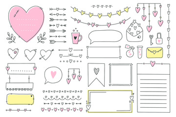 Cute bullet journal element doodles with hearts, love theme.Hand drawn banners and marks for notebook, planner or diary.Frames, borders, vignettes, dividers,notes,lists collection.Vector illustration - obrazy, fototapety, plakaty