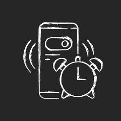 Alarm clock chalk white icon on dark background. Mobile phone for morning countdown. Setting smartphone ring. Everyday routine and daily schedule. Isolated vector chalkboard illustration on black