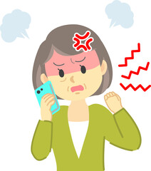 イラスト素材：おばあさんが携帯電話を持ち会話相手に怒りをぶつける場面　
