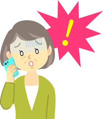 イラスト素材：おばあさんが携帯電話で会話中にショックを受けて青ざめた表情をする場面　
