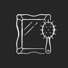 Mirror and hair brush chalk white icon on dark background. Comb for styling hairdo. Hairdresser salon tools. Everyday routine and lifestyle. Isolated vector chalkboard illustration on black