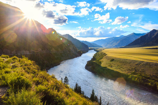 Mountain river Katun on sunset