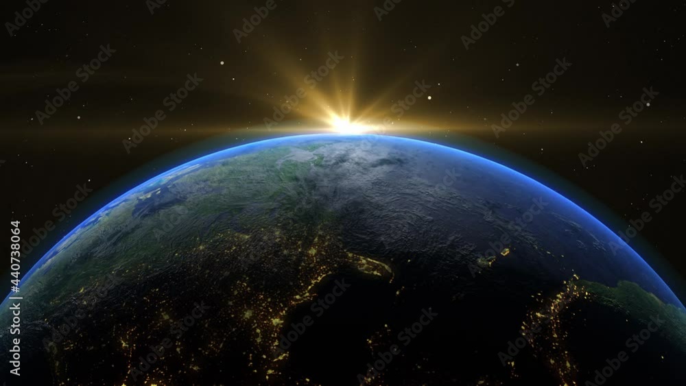 Wall mural sunrise and shadow on the earth rotate in space with star in universe. world realistic atmosphere 3d