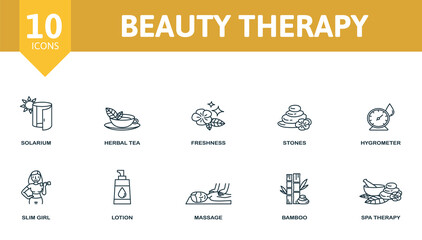 Beauty Therapy icon set. Contains editable icons spa therapy theme such as solarium, freshness, hygrometer and more. - obrazy, fototapety, plakaty