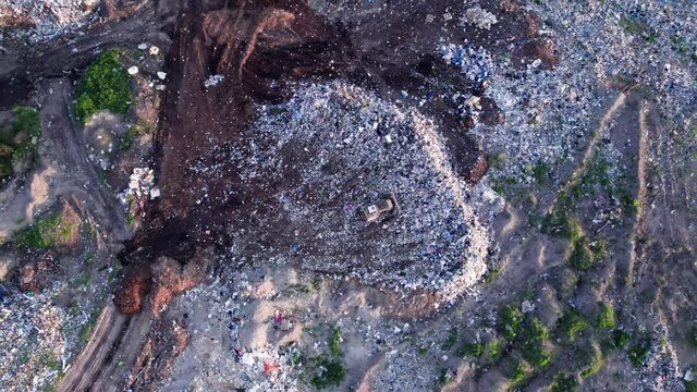 Aerial view of stack of different types of large mountain garbage pile