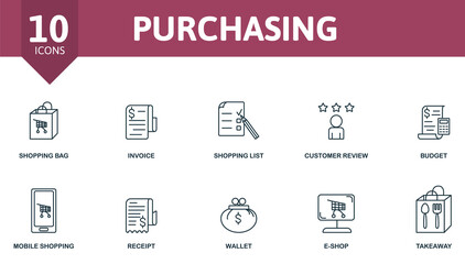 Purchasing icon set. Contains editable icons shopping theme such as shopping bag, shopping list, budget and more.