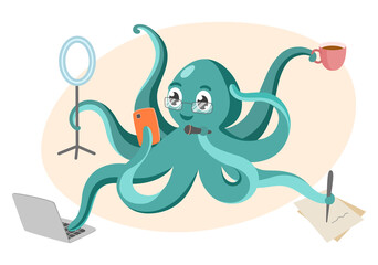 The octopus blogger does a lot of things at the same time. Multitasking and blogging concept. Shooting video for social networks.