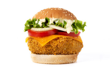 Crispy chicken burger with cheese isolated on white background