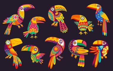 Cartoon Mexican toucan birds vector design with traditional animals of Mexico. Exotic tropical jungle toucan or toucanet birds, beaks, tails and feathers with colorful ethnic floral ornaments - obrazy, fototapety, plakaty