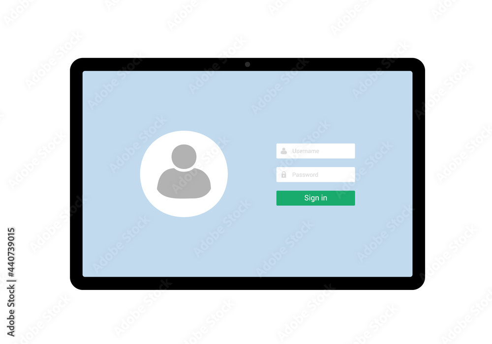 Poster flat design illustration of tablet with blue touch screen and login form for entering username and p
