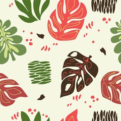 Seamless natural pattern, leaf monstera, abstract  red and green leaves on a white background. Hand drawing. Design for textiles, wallpapers, printed products. Vector illustration