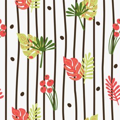 Seamless natural floral pattern, abstract red and green leaves, white background of brown vertical lines. Hand drawing. Design for textiles, wallpapers, printed products. Vector illustration
