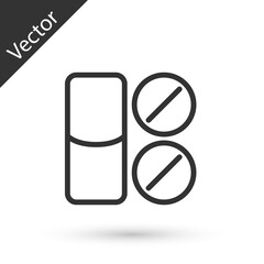 Grey line Toothache painkiller tablet icon isolated on white background. Tooth care medicine. Capsule pill and drug. Pharmacy design. Vector