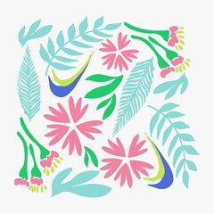 Fototapeta na wymiar Floral natural pattern, abstract pink flowers and green leaves on a white background. Hand drawing. Design for textiles, wallpapers, printed products. Vector illustration