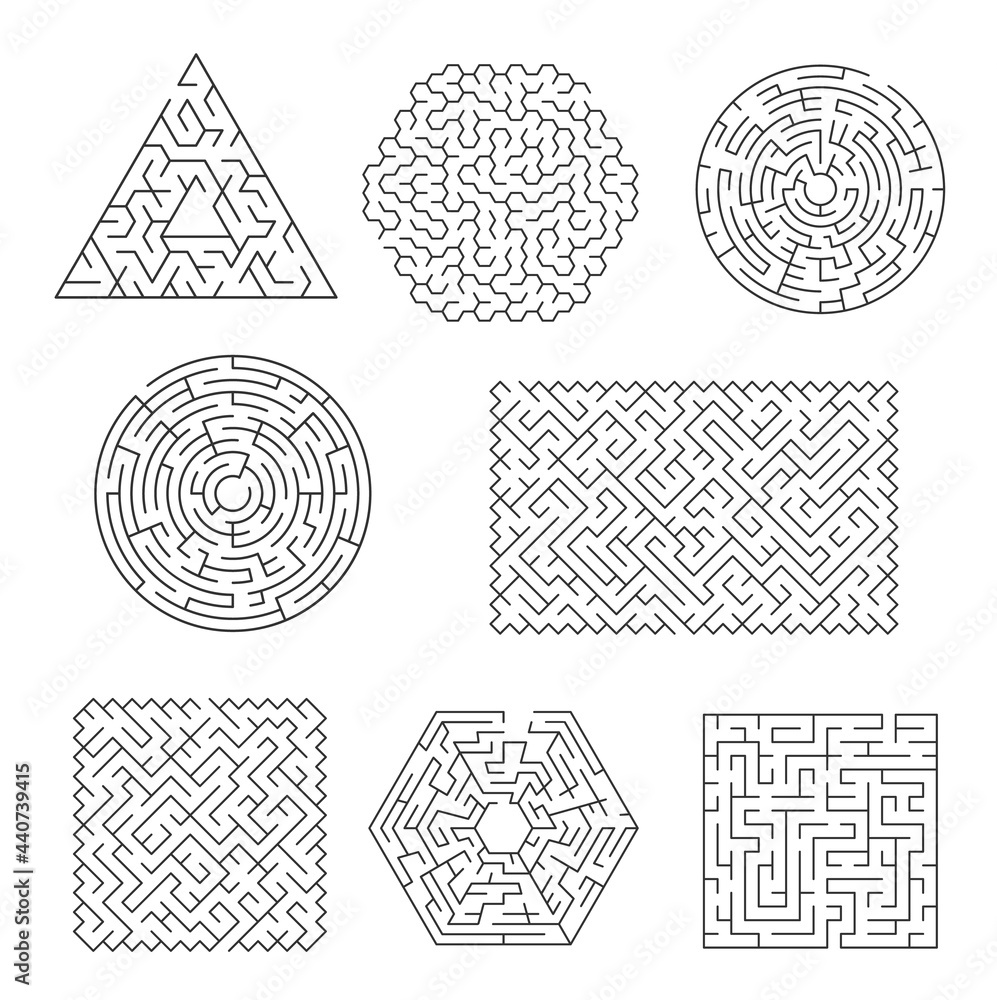 Poster labyrinth maze riddle, finding path and exit searching logical game. triangular, circle and square, 