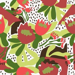 Naklejka premium Seamless natural floral pattern, abstract red flowers and green leaves on a white background. Hand drawing. Design for textiles, wallpapers, printed products. Vector illustration