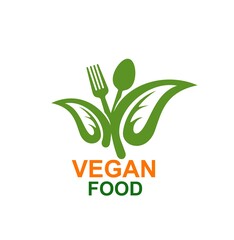 Vegan food vector icon with isolated fork, spoon and green leaves of organic farm vegetarian meal. Fresh vegetable diet dish and cutlery emblem or symbol design for vegan restaurant and cafe