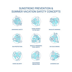 Sunstroke prevention concept icons set. Summer vacation safety idea thin line color illustrations. Wildlife warning. Safe swimming. No cold drinks. Vector isolated outline drawings. Editable stroke