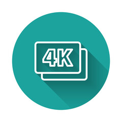 White line 4k Ultra HD icon isolated with long shadow. Green circle button. Vector