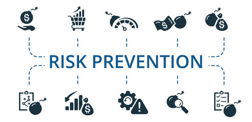 Risk Prevention icon set. Contains editable icons risk management theme such as assurance, emerging risk, risk monitoring and more.