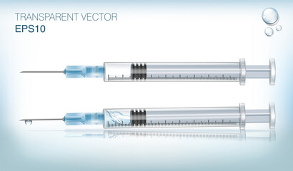 Transparent vector medical syringe set. Illustration of medical syringes with needles and vaccine 