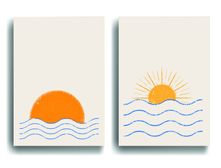 Minimal design element . Sun and blue abstract waves . Sunset logo element. Surfing icon . Brush stroke . Vector illustration. 