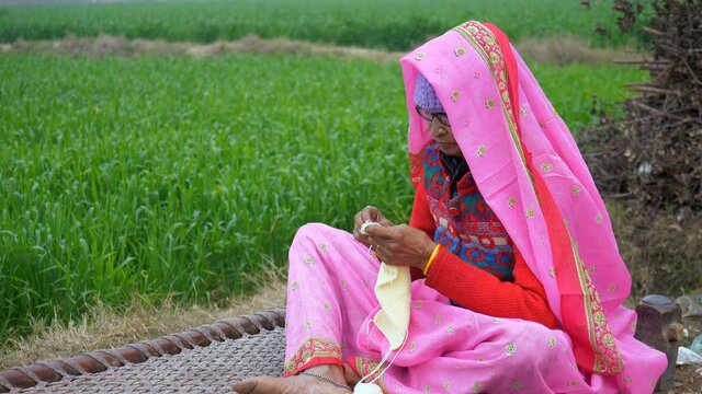 Medium shot of elderly woman knitting pullovers in her free time for the poor people. An old lady in traditional wear knitting garments for the wintertime while sitting in green fields - a favorite...