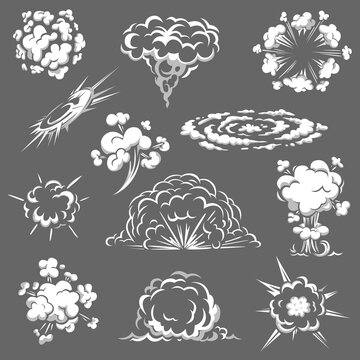 Cartoon bomb explosion, comic boom clouds, vector white smoke, aroma or toxic steaming vapour, dust steam. Smoky chemical steam isolated design elements, burst effect set for ui or gui interface