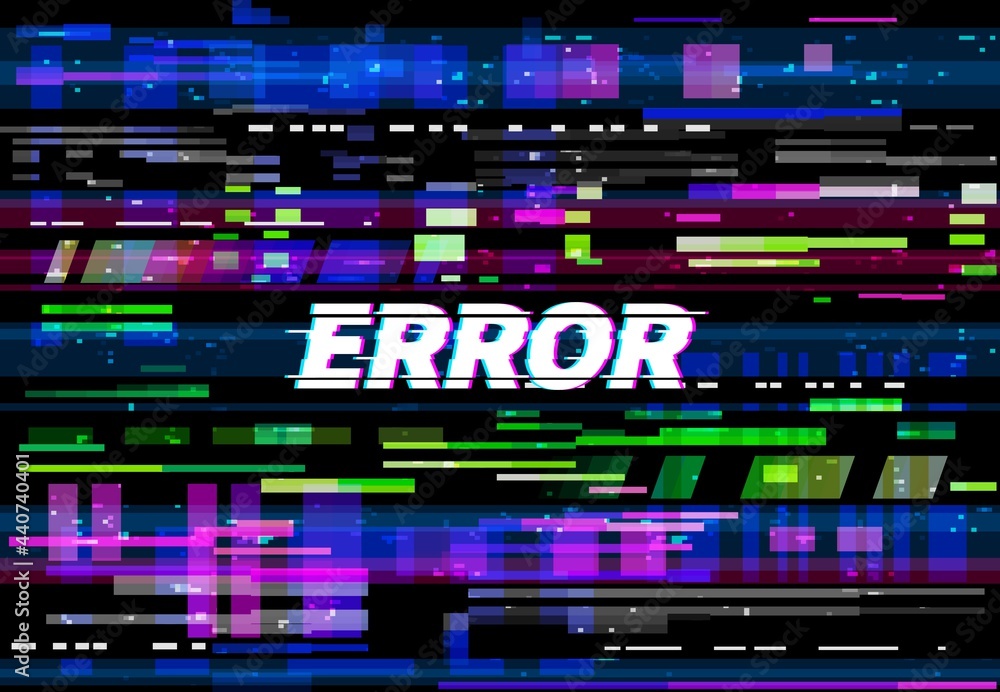 Leinwandbilder Glitch error screen vector background of VHS video problem with color pixel noise and lines. Digital glitch texture of computer data crash, tv no signal code, display failure, bug or fail