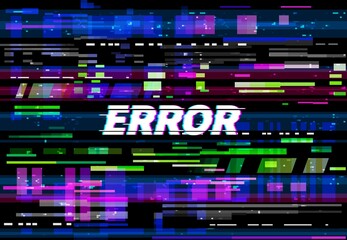 Glitch error screen vector background of VHS video problem with color pixel noise and lines. Digital glitch texture of computer data crash, tv no signal code, display failure, bug or fail - obrazy, fototapety, plakaty