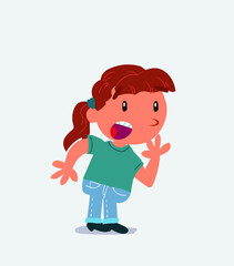 Unpleasantly surprised cartoon character of little girl on jeans looks to the side