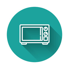 White line Microwave oven icon isolated with long shadow. Home appliances icon. Green circle button. Vector
