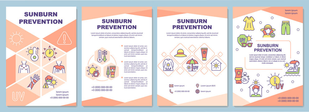 Sunburn prevention brochure template. Skin protection from sun. Flyer, booklet, leaflet print, cover design with linear icons. Vector layouts for presentation, annual reports, advertisement pages