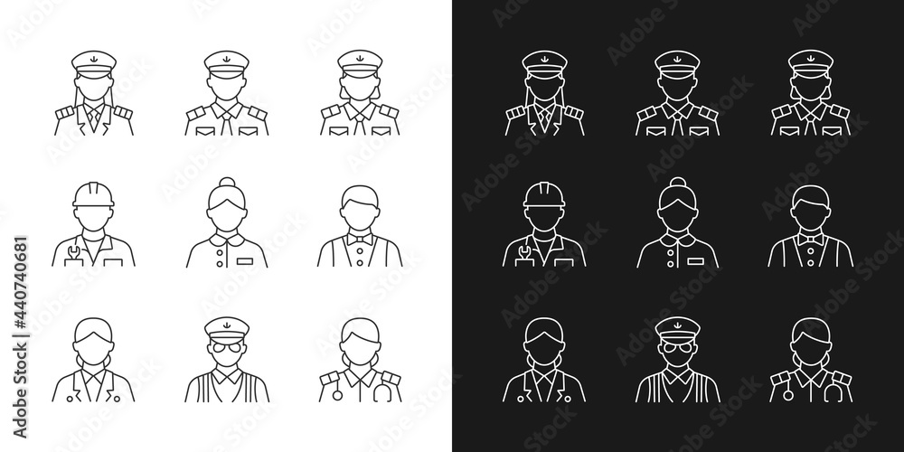 Poster ship staff linear icons set for dark and light mode. providing services customers need. controlling 