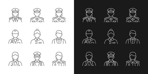 Ship staff linear icons set for dark and light mode. Providing services customers need. Controlling ocean trip. Customizable thin line symbols. Isolated vector outline illustrations. Editable stroke