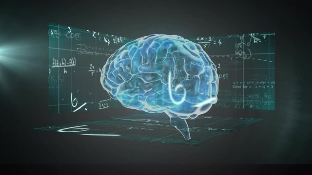 Human brain spinning against screens with mathematical equations against green background