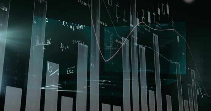 Statistical data processing against screens with mathematical equations on green background - Powered by Adobe