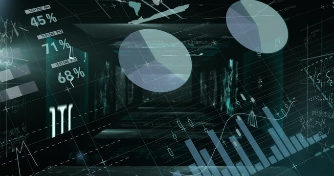 Statistical data processing against screens with mathematical equations on green background - Powered by Adobe
