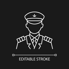 Male captain white linear icon for dark theme. Person controling all cruise crew. Providing service. Thin line customizable illustration. Isolated vector contour symbol for night mode. Editable stroke