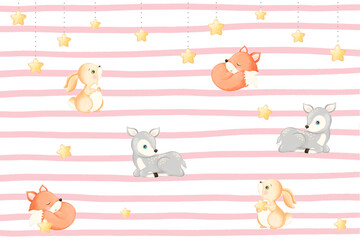 Fototapeta premium design for baby blanket, stars and cute little animals, baby animals, deer hare rabbit fox 