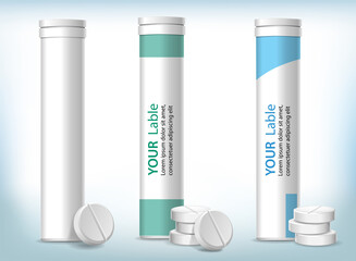 Vector white and mockup collection of medical vertical boxes for solvable tablets and pills near the box. Templates isolated on background