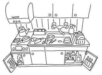 散らかったキッチンの線画イラスト