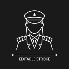 Female captain white linear icon for dark theme. Main person during cruise. Comfortable traveling. Thin line customizable illustration. Isolated vector contour symbol for night mode. Editable stroke