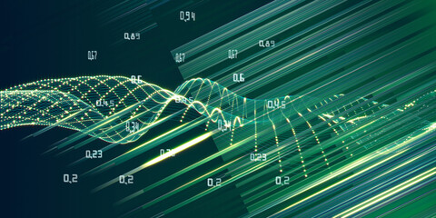 Abstract polygonal  futuristic background with wavy color grid, data and blurred lines on blue. Big Data. Banner for business, science and technology.