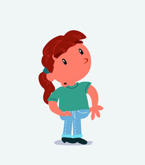 cartoon character of little girl on jeans looks with doubt and somewhat surprised