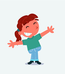cartoon character of little girl on jeans opening arms very happy.