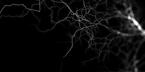 Abstract background with wavy lightning  lines on black. Banner for science and technology.